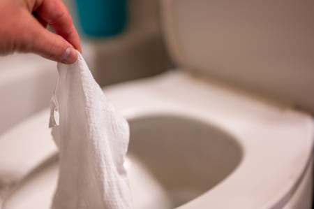 flushable wipe being put in toilet